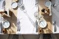 Served table. Aesthetic pleasure. Glasses, flower fork, knife served for dinner in restaurant Royalty Free Stock Photo