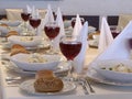 Served table with red wine at restaurant Royalty Free Stock Photo