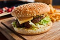 Served table in a rustic cafe with tomatoes and burger