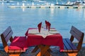 Served table on sea beach restaurant of Budva, Montenegro Royalty Free Stock Photo