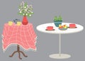 Tables Set with Cups, Dishes and Flowers Vector