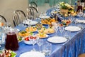 Served tables at the Banquet. Drink, alcohol, delicacies and snacks. Catering. A reception event Royalty Free Stock Photo