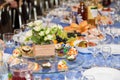 Served tables at the Banquet. Drink, alcohol, delicacies and snacks. Catering. A reception event Royalty Free Stock Photo