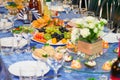 Served tables at the Banquet. Drink, alcohol, delicacies and snacks. Catering. A reception event Royalty Free Stock Photo