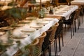 Served tables with white cloth in the restaurant outdoors Royalty Free Stock Photo