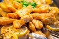 Served tasty fried fish meal close up view. Royalty Free Stock Photo