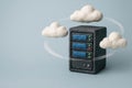 A server and clouds made of plasticine are the concept of cloud storage. Space for text. Royalty Free Stock Photo