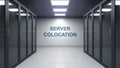 SERVER COLOCATION caption on the wall of a server room. Conceptual 3D rendering