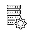 Server database icon with stacked data storage disks and gear settings symbol, bold black Royalty Free Stock Photo