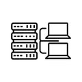 Server database icon with stacked storage racks connected to two laptop computers, outline Royalty Free Stock Photo