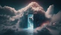 Server and door in the clouds. Generative AI. Cloud computing concept Royalty Free Stock Photo