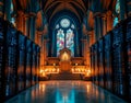 Server farm inside a cathedral, featuring data altars with server reliquaries and stained glass displaying code Royalty Free Stock Photo