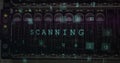 Server hardware shows SCANNING with digital number and symbol overlays