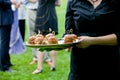 A server holding a tray full of mini pulled pork sandwiches during a catered event Royalty Free Stock Photo