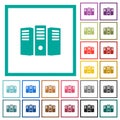 Server hosting flat color icons with quadrant frames