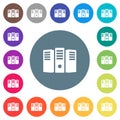 Server hosting flat white icons on round color backgrounds