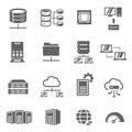 Server and local network bold black silhouette icons set isolated on white. Cloud storage, hosting.