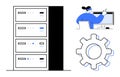 Server maintenance and system optimization with tech expert, data storage units, and gear symbol Royalty Free Stock Photo
