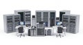 Network Server Array with Computer Desks on White Background Data Center Infrastructure Computer Systems and Office Royalty Free Stock Photo