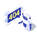 Server not found automated message generation isometric illustration. Robot, AI assistant with 404 notification in speech bubble.
