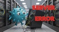 Server Outage Cartoon Illustration A cute cartoon virus causes a server error knocking down a server rack Fun illustration for
