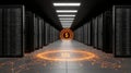 A server rack aisle with a suspended digital currency icon indicating payment processing and transaction infrastructure Royalty Free Stock Photo