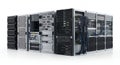 Data Center Infrastructure Server Rack Array in White Background with Servers, Cables, and Ports for Telecommunications Royalty Free Stock Photo