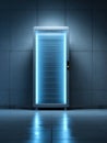 server rack cabinet with blue light dominating dark room with a wet, reflective floor. Symbolizes data storage, cybersecurity, big Royalty Free Stock Photo
