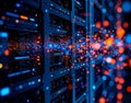 Server rack cross-section showing glowing data packets flowing like blood cells, with medical lab precision