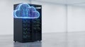 Modern server rack with glowing cloud data network visualization inside room Royalty Free Stock Photo