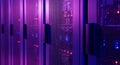 Close up view of modern server rack with glowing blue and red led lights in data center network room Royalty Free Stock Photo