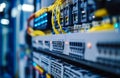 Server rack with focus on network ports and yellow cables. Modern data center infrastructure and connectivity. server Royalty Free Stock Photo