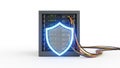 Server rack with glowing shield and colorful network cables on white background data security Royalty Free Stock Photo