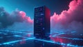 Server rack with glowing lights in neon blue and pink clouds. Digital network lines on floor. Data center for cloud computing and Royalty Free Stock Photo