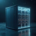 Server rack inside shipping container. Data center module with blinking lights. Tech hardware for cloud computing. Digital Royalty Free Stock Photo
