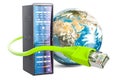 Server rack and lan internet cable with Earth Globe. Global internet concept, 3D rendering Royalty Free Stock Photo