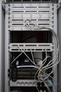 In one server rack are many patch panels and network cables and network switches Royalty Free Stock Photo