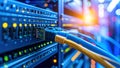 Server rack with network cables connected, data center, technology concept. Royalty Free Stock Photo
