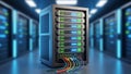 Server Rack with Network Cables in a Data Center with Blue Lights Keywords: server rack, data center, servers Royalty Free Stock Photo