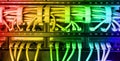 Server rack with rainbow internet patch cord cables Royalty Free Stock Photo