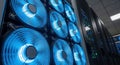 A server rack shows many cooling fans illuminated with bright blue lights inside of a data center providing essential climate Royalty Free Stock Photo