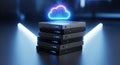 Server rack stack with glowing cloud symbol and futuristic blue lighting Royalty Free Stock Photo