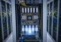 A server rack with visible circuit boards, including processors and Royalty Free Stock Photo