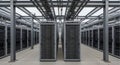 Server racks arranged in rows beneath metal ceiling beams Royalty Free Stock Photo