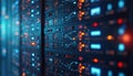 Server racks with blinking lights in data center. Computer servers with glowing LEDs and cables. Digital infrastructure Royalty Free Stock Photo