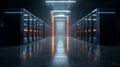 Server Racks and Cabinets full of Hard Drives inside Large Data Center. Advanced Cloud Computing Concept. AI-powered data center Royalty Free Stock Photo