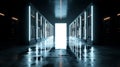 Server Racks and Cabinets full of Hard Drives inside Large Data Center. Advanced Cloud Computing Concept. AI-powered data center Royalty Free Stock Photo