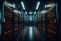 Server racks in computer network security server room data center. 3D render dark blue