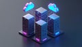 Server racks connect to cloud symbols. Isometric illustration shows data flow and network technology. Modern digital Royalty Free Stock Photo