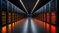 Server Racks in a Dark Modern Data Technology Center featuring VFX, Visualizing the Internet of Things, Data Flow, and Royalty Free Stock Photo